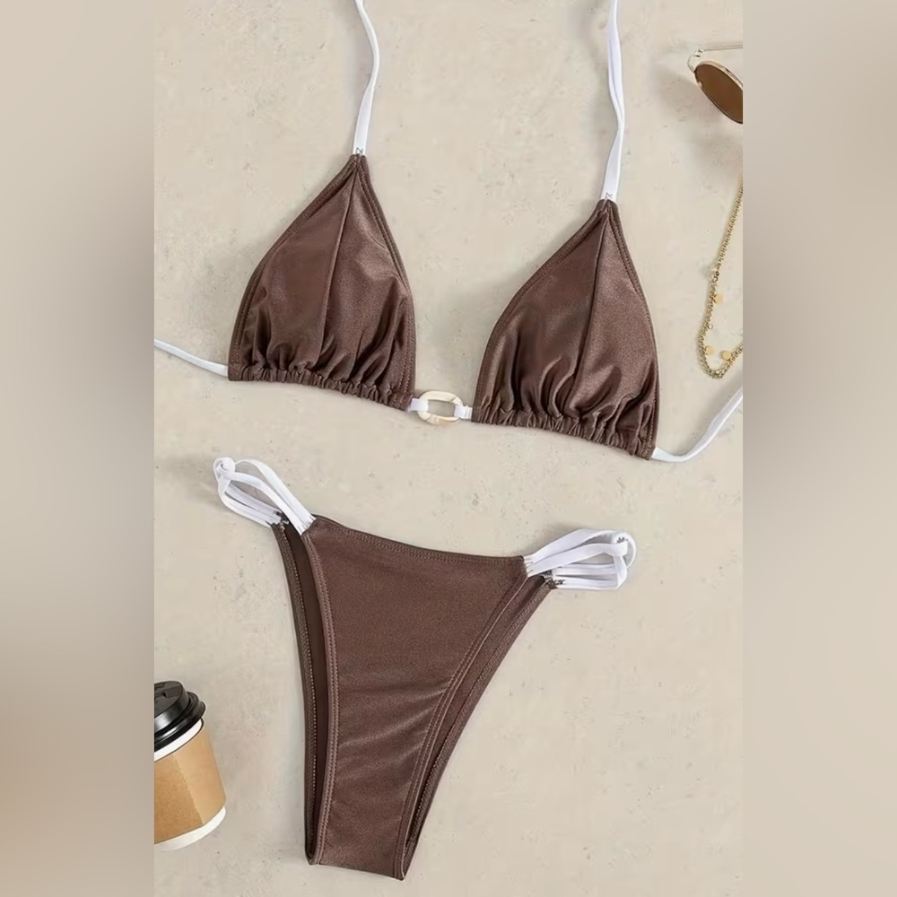 Brown White Halter High Cut Bikini Set - Picture 2 of 7
